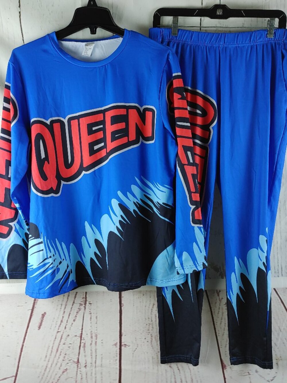 Unbranded Women's "Queen" 2pc Outfit Set Blue Long Sleeve Top & Leggings Size 1X